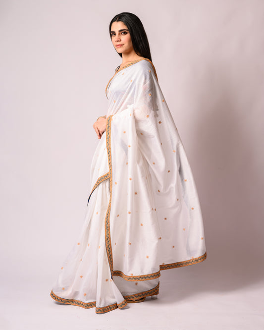 White Saree with Lace and Denim Blouse