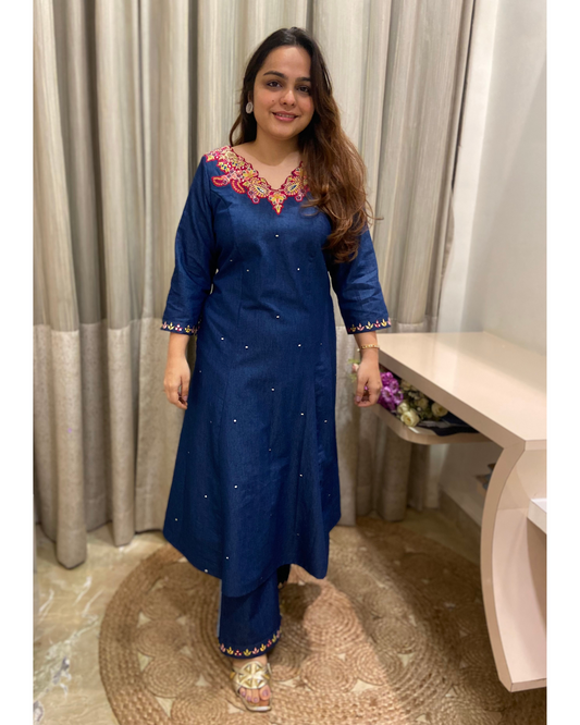 Denim Kurta Multicolour Embroidery